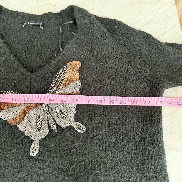 Zara Knit Black wool/alpaca blend sequined butterfly Slouchy Butterfly sweater M - Picture 6 of 7
